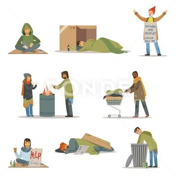 Homeless people characters set. Unemployment men needing help vector Stock Illustration