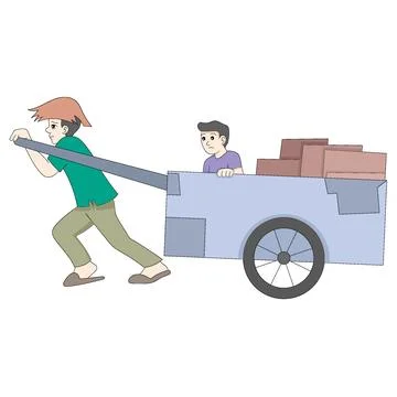 A homeless poor man is pulling a cart where he lives Stock Illustration