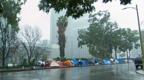 Homeless tents in Downtown Los Angeles in rain HD Stock Footage
