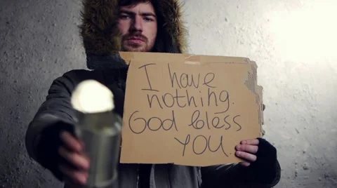 Homeless with a tin Stock Footage 20496723