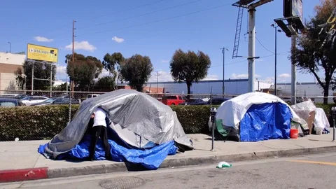 Homelessness Los Angeles California Advocacy Tents Homeless Encampment Tent City Stock Footage