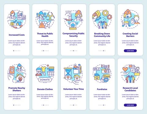 Homelessness problems and solutions onboarding mobile app screen set 库存插图