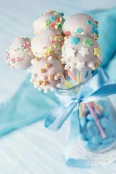 Homemade assorted cake pops with multi colored sprinkles, sweet kids food Stock Photos