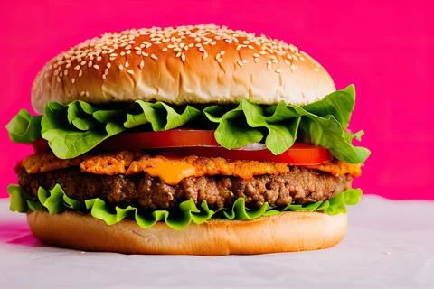 Homemade beef burger with vegetables on rustic serving board 스톡 사진