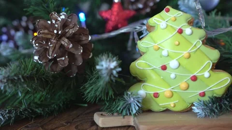 Homemade biscuits on a colourful background. Christmas background. Stock Footage 295841746