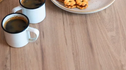 Homemade bread and hot coffee  on wood table. Stock Footage 101329249