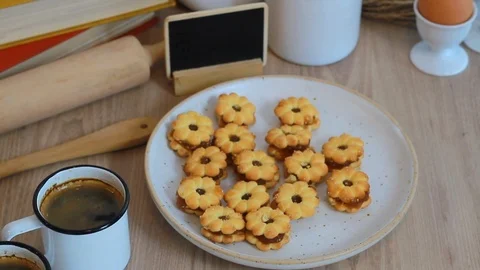 Homemade bread and hot coffee  on wood table. Stock Footage 101936487