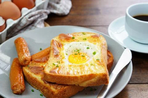 Homemade bread, bread, fried eggs and breakfast coffee Stock Photos