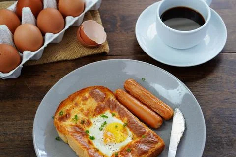 Homemade bread, bread, fried eggs and breakfast coffee Stock Photos
