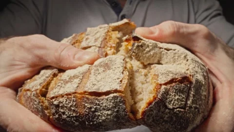 Homemade bread breaking. Baker hands breaking bread. Craft organic bread. Video stock 257219356