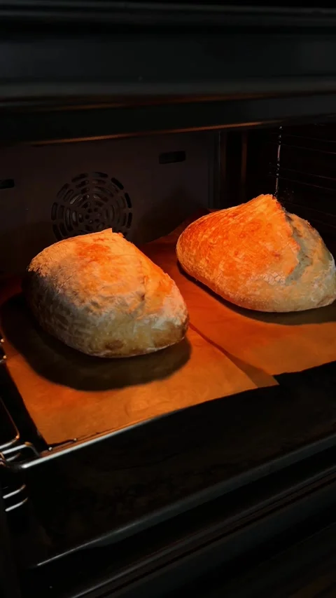 Homemade bread in oven. Bread transformation under high temperature Stock Footage 314712686