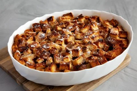 Homemade Bread Pudding in a Dish, side view. Stock Photos