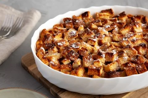 Homemade Bread Pudding in a Dish, side view. Stock Photos