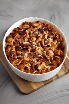 Homemade Bread Pudding in a Dish, side view. Stock Photos