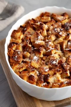 Homemade Bread Pudding in a Dish, side view. Stock Photos
