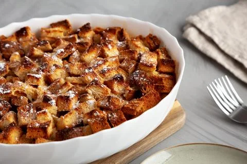 Homemade Bread Pudding in a Dish, side view. Stock Photos
