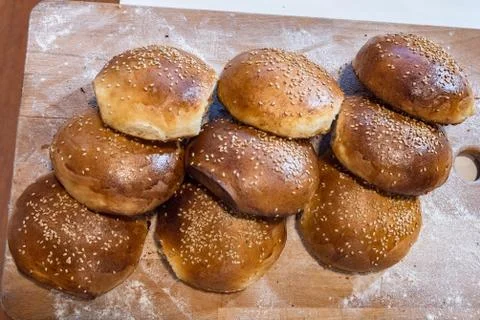 Homemade bread on table with light white flour. Stock Photos