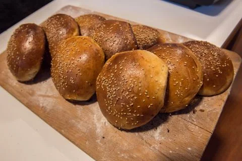 Homemade bread on table with light white flour. Stock Photos