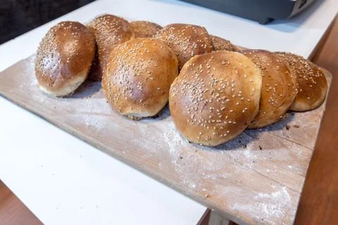 Homemade bread on table with light white flour. Stock Photos