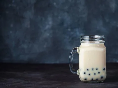 Homemade Bubble Tea with Tapioca, copy space Homemade Milk Bubble Tea with... Stock Photos