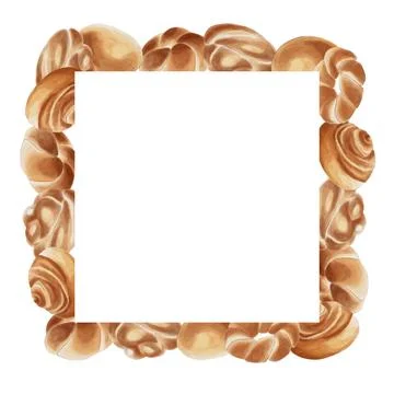 Homemade buns in a square frame with space for text in the center. Watercolor Stock Illustration