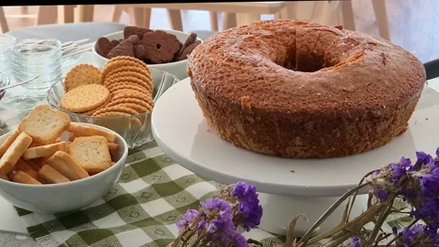 Homemade cake on breakfast buffet in cozy dining room Stock-Footage 340322310