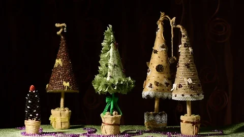 Homemade christmas trees made from various materials Stock Footage 120527853