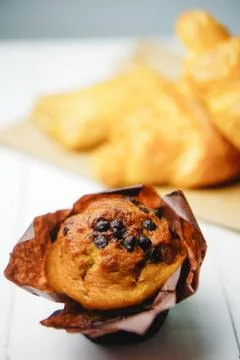 Homemade delicious chocolate muffin. homemade bakery, close up, selective foc Stock Photos