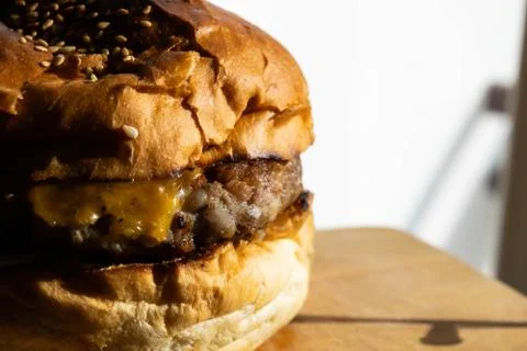 Homemade delicious pork hamburger with cheddar Stock Photos