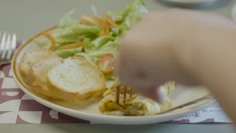Homemade dish with egg omelet roll, fresh salad and bread. Stock Footage 321704612