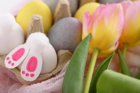 Homemade Easter composition of yellow and blue eggs, pink tulips and white Ea Stock Photos
