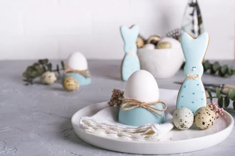 Homemade easter cookies in the shape of  a  funny  bunny, quail eggs Stock Photos