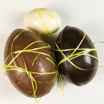 Homemade easter eggs on white background - top view Stock Photos