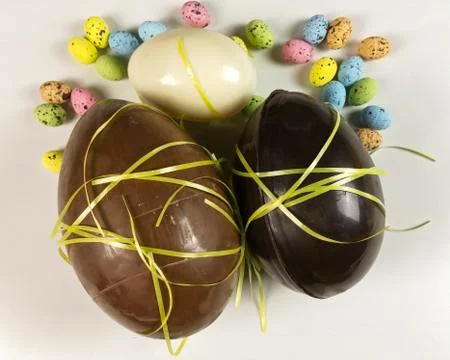 Homemade easter eggs on white background - top view Stock Photos