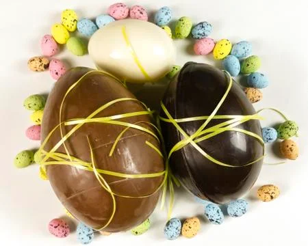 Homemade easter eggs on white background - top view Stock Photos