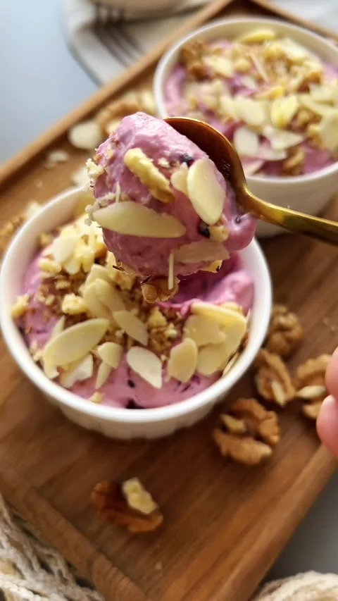Homemade fruit ice cream without sugar and flour in porcelain bowl Stock Footage 304879405
