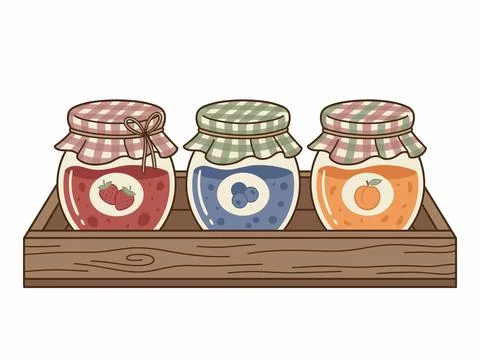 Homemade Fruit Jam Jars Set Strawberry Blueberry Peach Rustic Style 스톡 일러스트