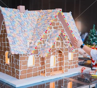 Homemade gingerbread house on Winter season. Merry Christmas Stock Photos