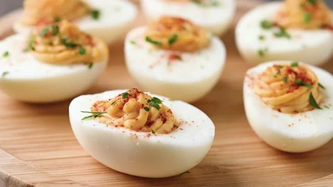 Homemade hard Boiled Deviled Eggs garnished with herbs Video stock 319531181