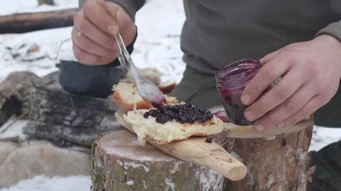 Homemade jam, Bread with berry jam, Winter picnic Stock Footage 272215188