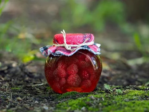 Homemade jam in a jar of raspberry. Background nature, forest, moss Stock Photos