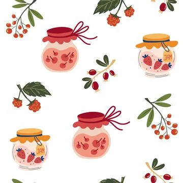 Homemade jars with jam seamless pattern. Food print. Glass jars with deliciou Illustrazione stock
