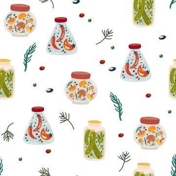 Homemade jars seamless pattern. Preserved vegetables, pickled cucumbers, mush Stock Illustration