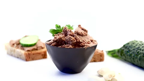 Homemade liver pate served with bread and cucumber Stock Footage 334623752