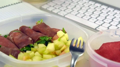 Homemade lunch at work (office) Stock Footage 77138132