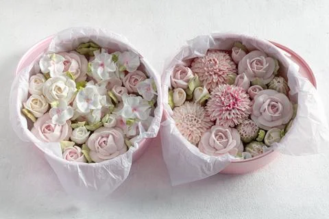 Homemade marshmallows in a gift box on a light background Stock Photos