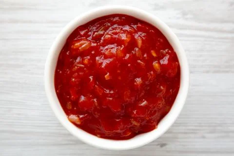 Homemade Mexican Salsa in a Bowl, top view. Flat lay, overhead, from above. Stock Photos