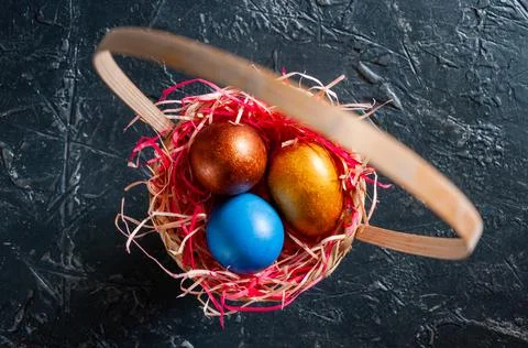 Homemade multicolored painted Easter eggs Stock Photos