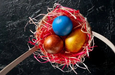 Homemade multicolored painted Easter eggs Stock Photos