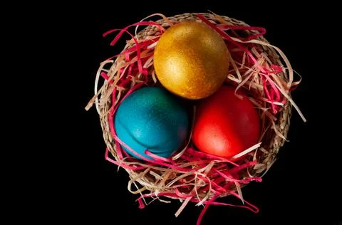 Homemade multicolored painted Easter eggs Stock Photos